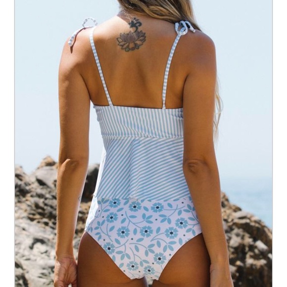 NWT Tie shoulder stripe print cute tankini set - Picture 2 of 3